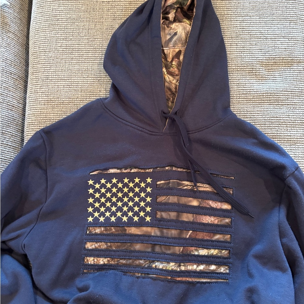 Navy Hoodie with Camo Flag Design